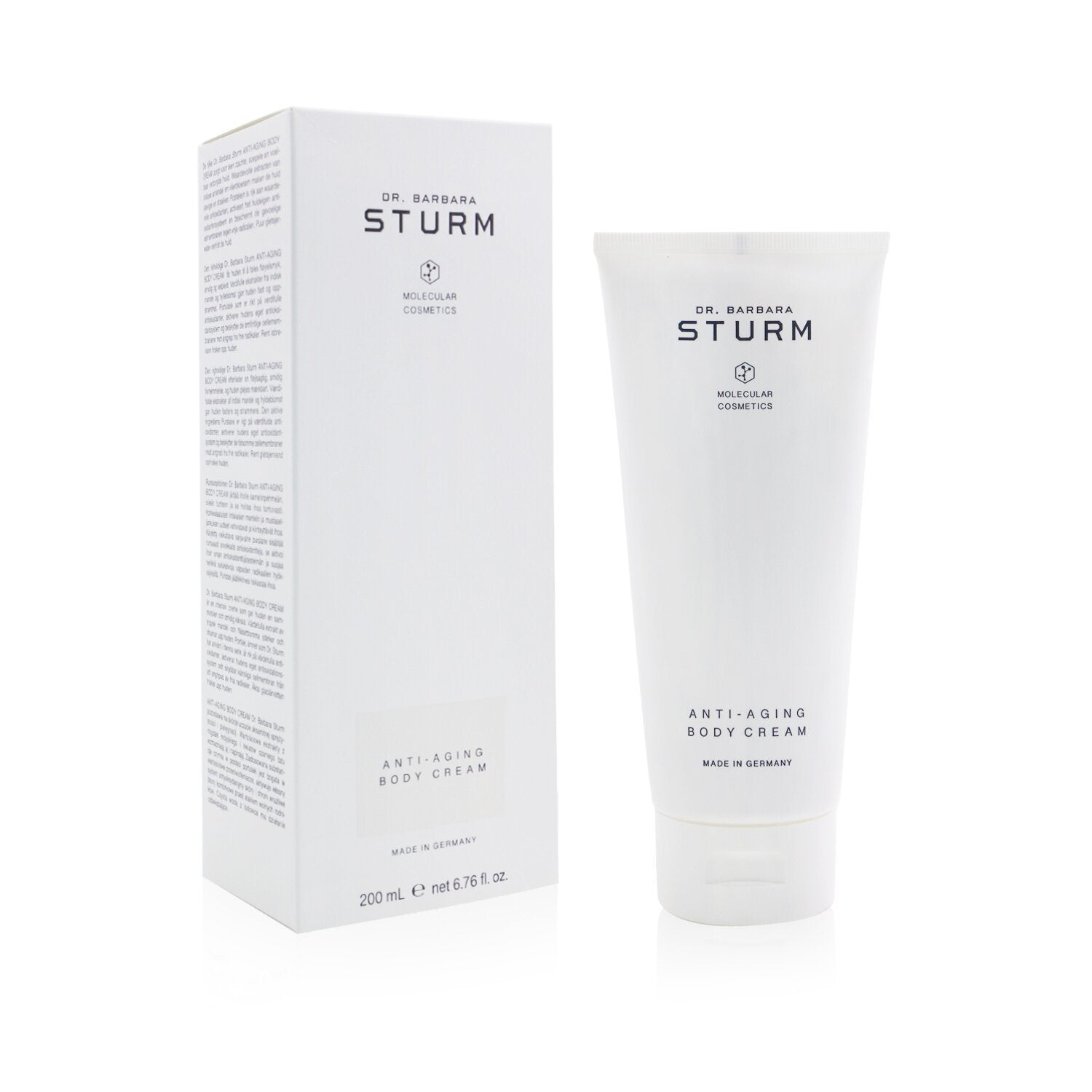 A tube of DR. BARBARA STURM - Anti-Aging Body Cream 32790/402070 200ml/6.76oz for visible signs of aging on a white background.