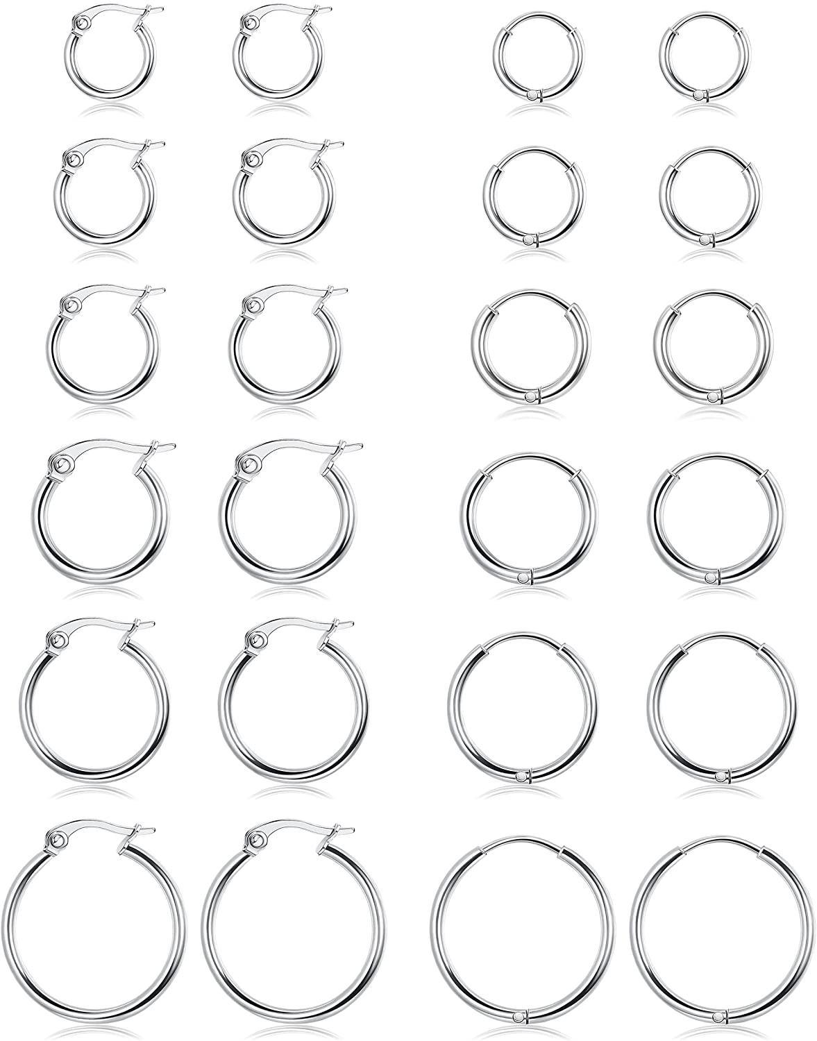 12Pairs Small Hoop Earrings For Women Men Hypoallergenic Stainless Steel Earrings Clasp Nickle Free Earrings Set 10/12/14/16/20/25mm