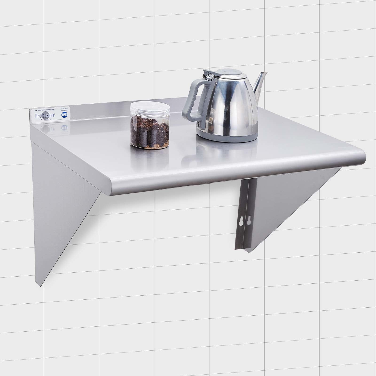 A Stainless Steel Shelf 12 x 24 Inches; 250lb; Wall Mount Floating Shelving for Restaurant; Kitchen; Home and Hotel on a white background, made with superior material.