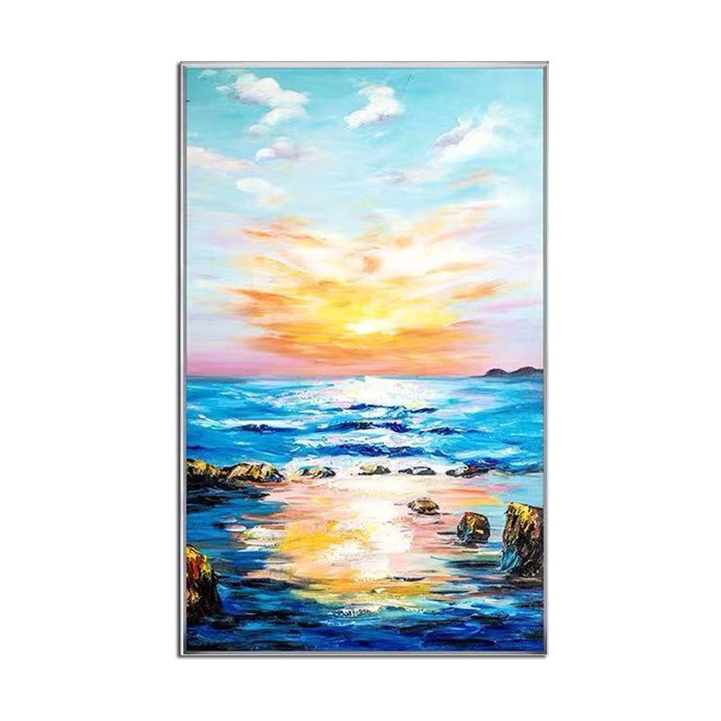 A vibrant hand painted **Abstract Landscape Sky Colorful Clouds Canvas Oil Painting Posters and Modern Wall Art Pictures for Living Room Bedroom Aisle** of a sunset over an ocean with reflections on water, highlighted by a bright sky with fluffy clouds and rocky shores.