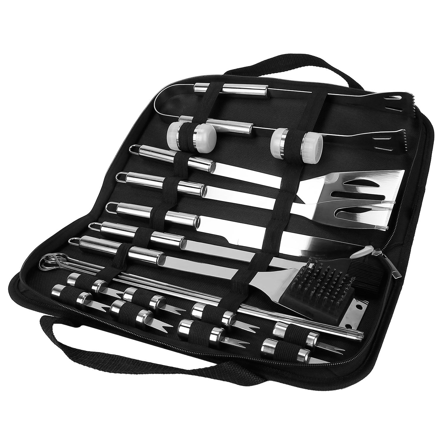 A set of Stainless Steel BBQ Grill Tool Kit Grilling Utensil Accessories with Spatula Tongs Fork Knife Brush Pepper Salt Shaker Bottle Grilled Skewers Corn Needles in a black case.