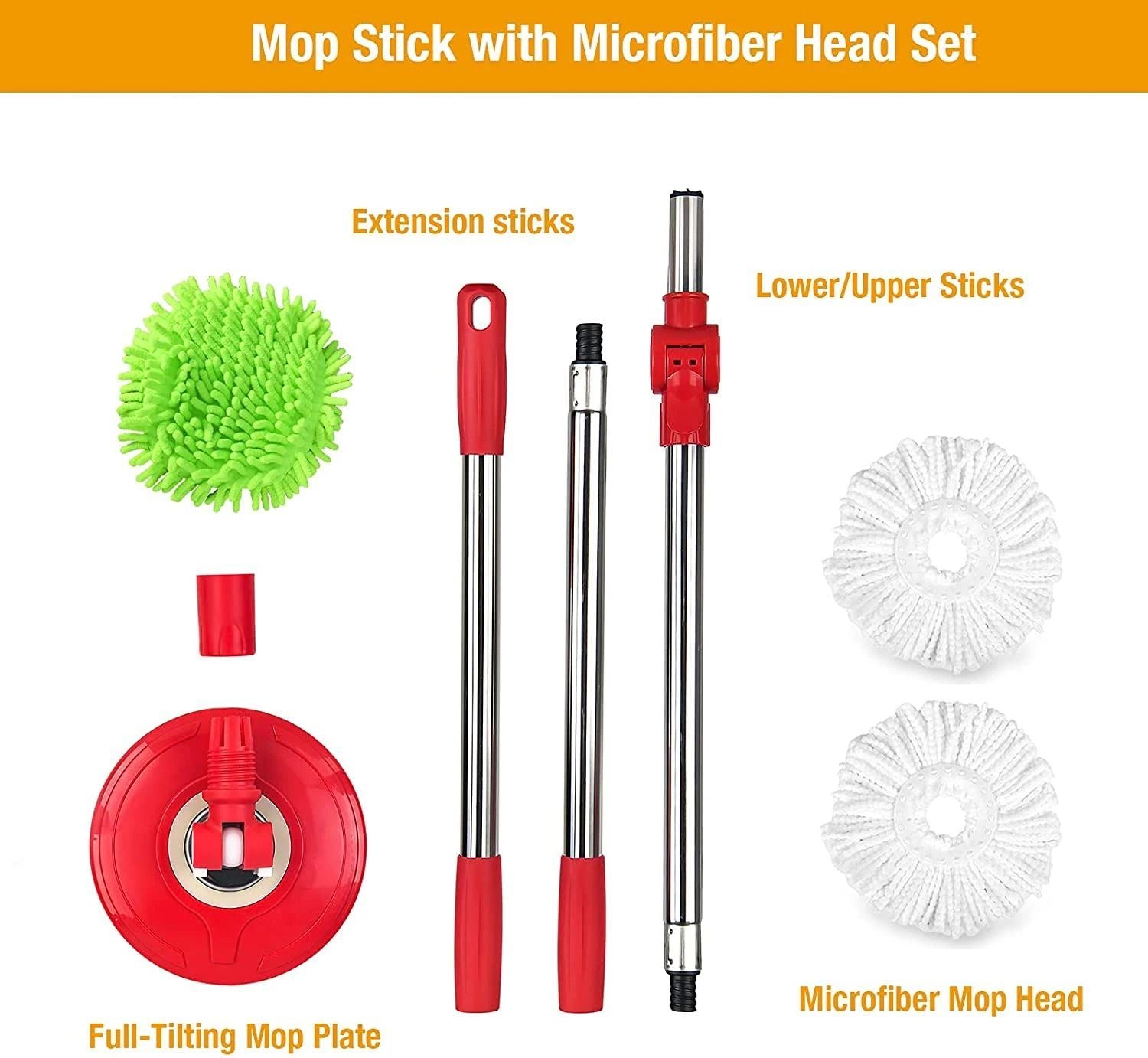 Spin Mop and Bucket with Wringer Set - for Home Kitchen Floor Cleaning - Wet/Dry Usage on Hardwood &amp; Tile - Upgraded Self-Balanced Easy Press System with 2 Washable Microfiber Mops Heads