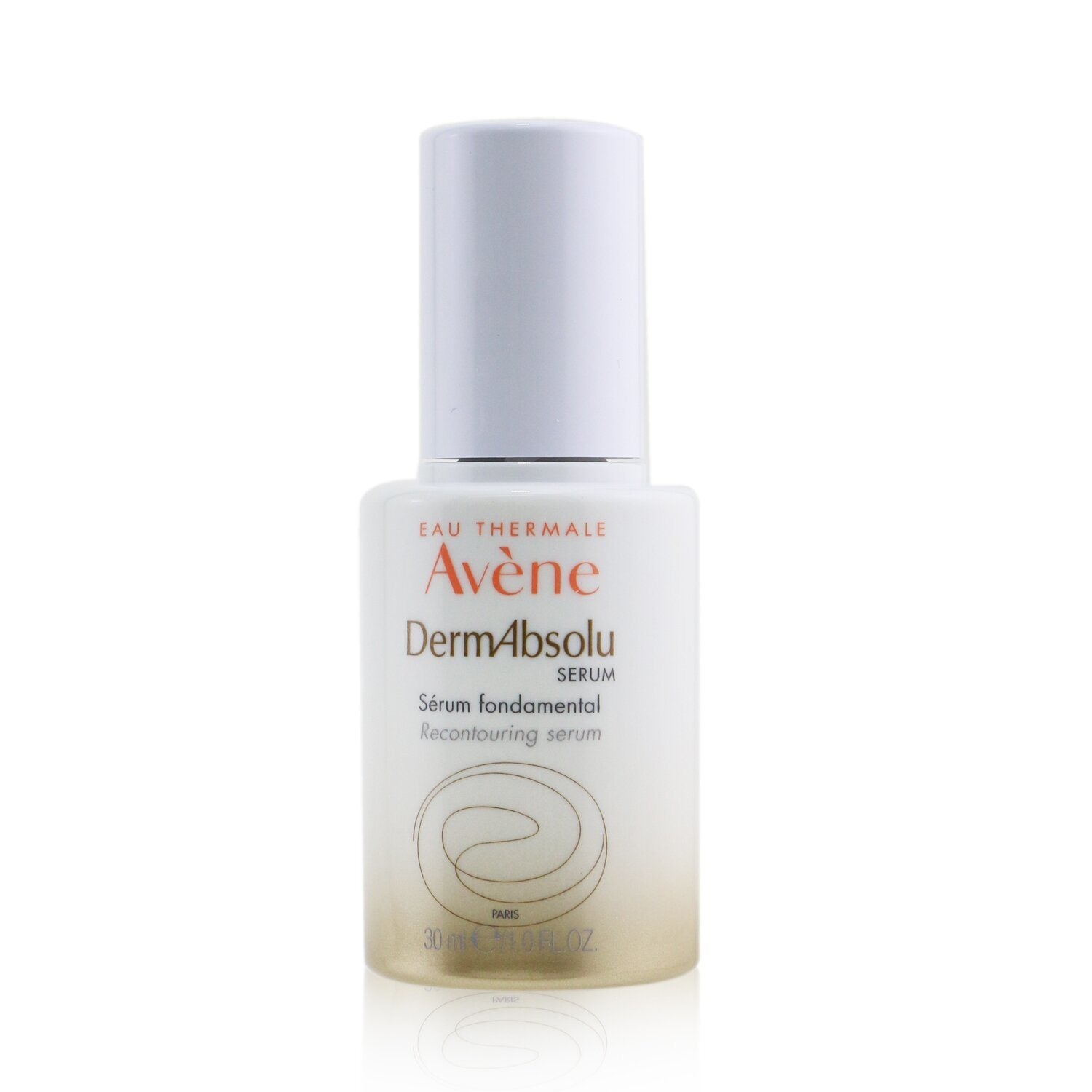 A bottle of Avène DermAbsolu SERUM Recontouring Serum, enriched with Vanilla Polyphenols, on a white background.