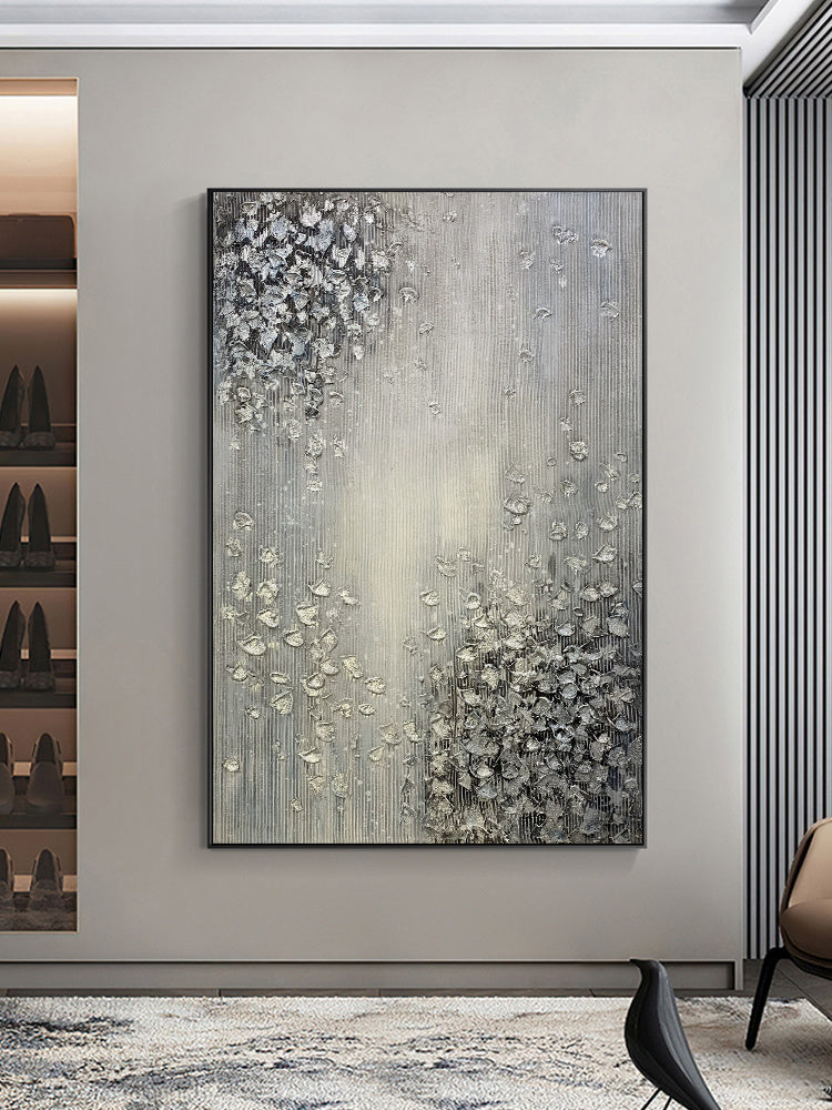 Hand Painted Abstract Oil Painting White Texture On Canvas Abstract Wall Art Picture Living Room Bedroom Wall Decor Unframed, displayed in a sleek home interior with a view of a staircase.