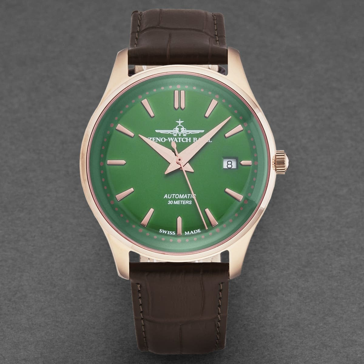 The Zeno men's 'Jules Classic' Limited Edition Green Dial Brown Leather Strap Automatic Watch 4942-2824-PGRG8 features a green dial complemented by a brown leather strap.