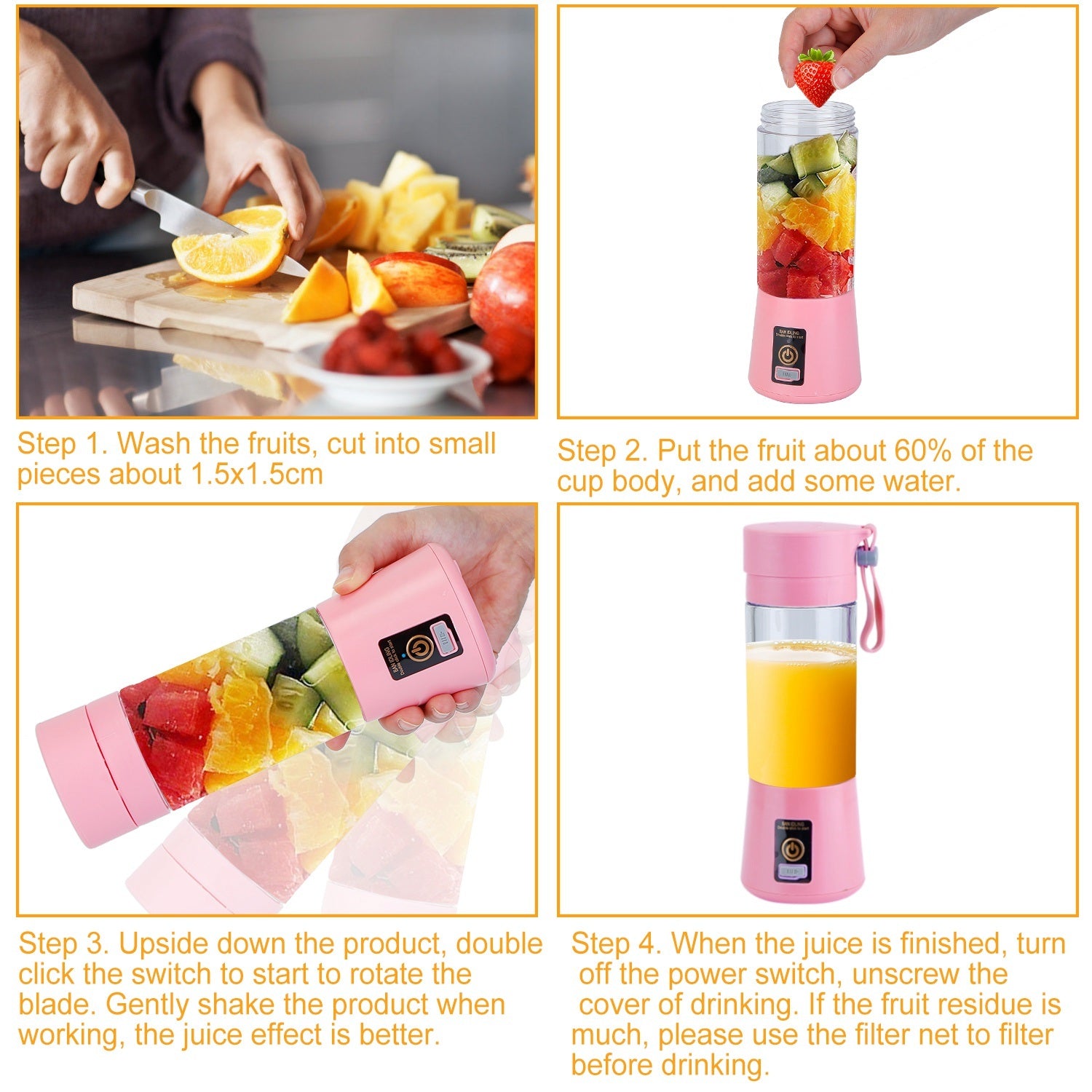 A Portable Juicer Blender USB Rechargeable Juicer Cup Fruit Baby Food Mixing Machine with 6 Blades Powerful Motor with fruit in it and 304 stainless steel blades.