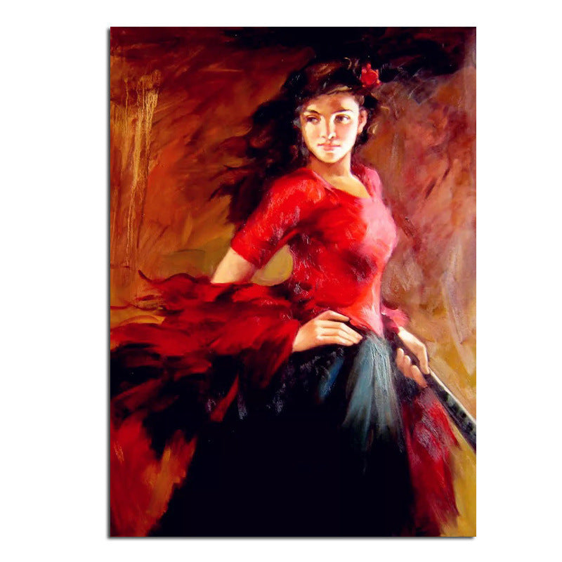 Ha's Art 100% Handmade Abstract Oil Painting Wall Art Modern Beautiful Girl Picture Canvas Home Decor For Living Room Bedroom No Frame of a woman in a red blouse and black skirt, with a flower in her hair, against an abstract, warm-toned background.