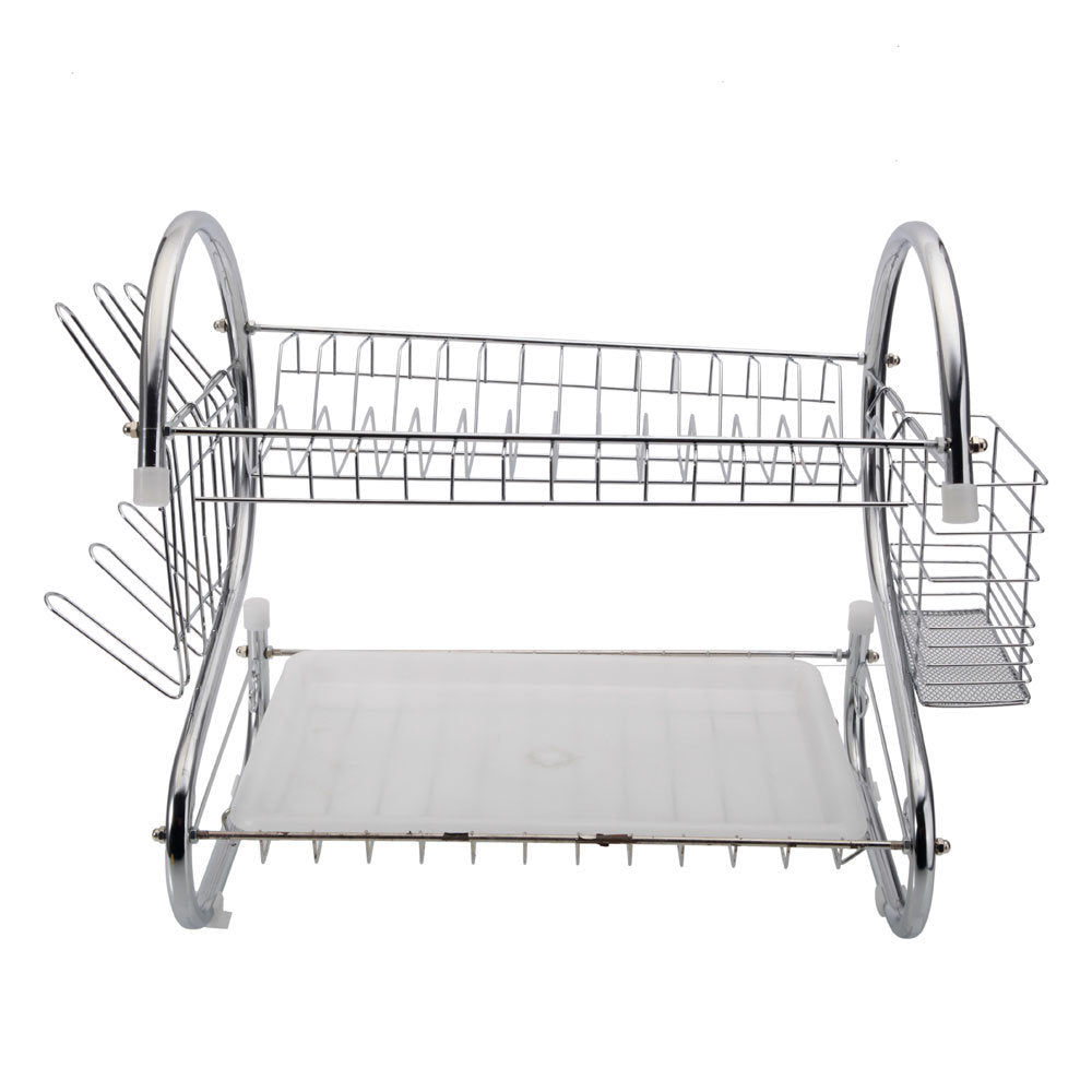 Three pictures of a 2 Tier Dish Drying Rack Drainer Stainless Steel Kitchen Cutlery Holder Shelf with dishes on it.