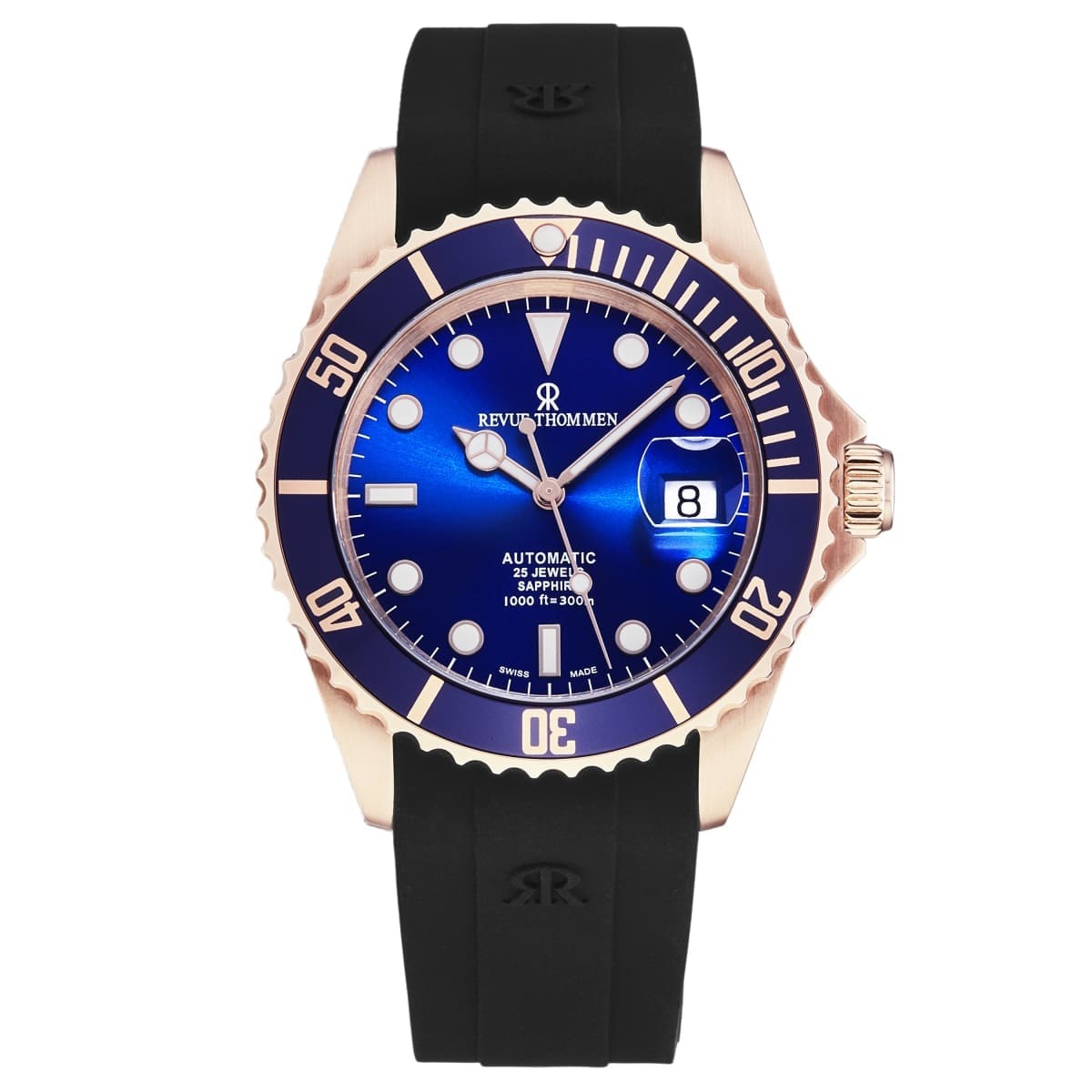 A Revue Thommen Men's 'Diver' Blue Dial Black Rubber Strap Swiss Automatic Watch 17571.2865 with a blue dial and black strap.
