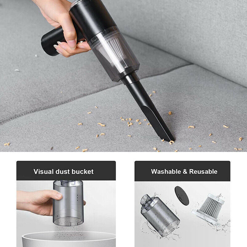 A person is using the Portable Car Vacuum Cleaner, Handheld Vacuum High Power Cordless, Hand Vacuum Rechargeable Easy To Clean Car Interior, Desktop, Sofa, Keyboard, Drawer And Crevices, Small Spaces to clean up any spots in the car.