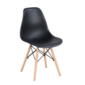 The Set of 4 Modern Style Dining Chairs are mid-century modern side chairs with a black plastic shell lounge design, wooden walnut legs, and metal supports, perfect for your kitchen, dining room, bedroom, or living room.