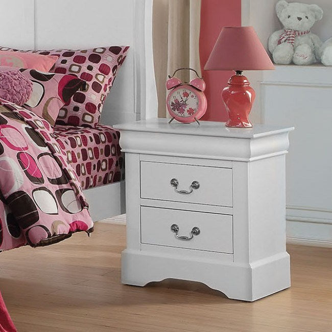 A Louis Philippe III Nightstand in White YJ in a pink bedroom.