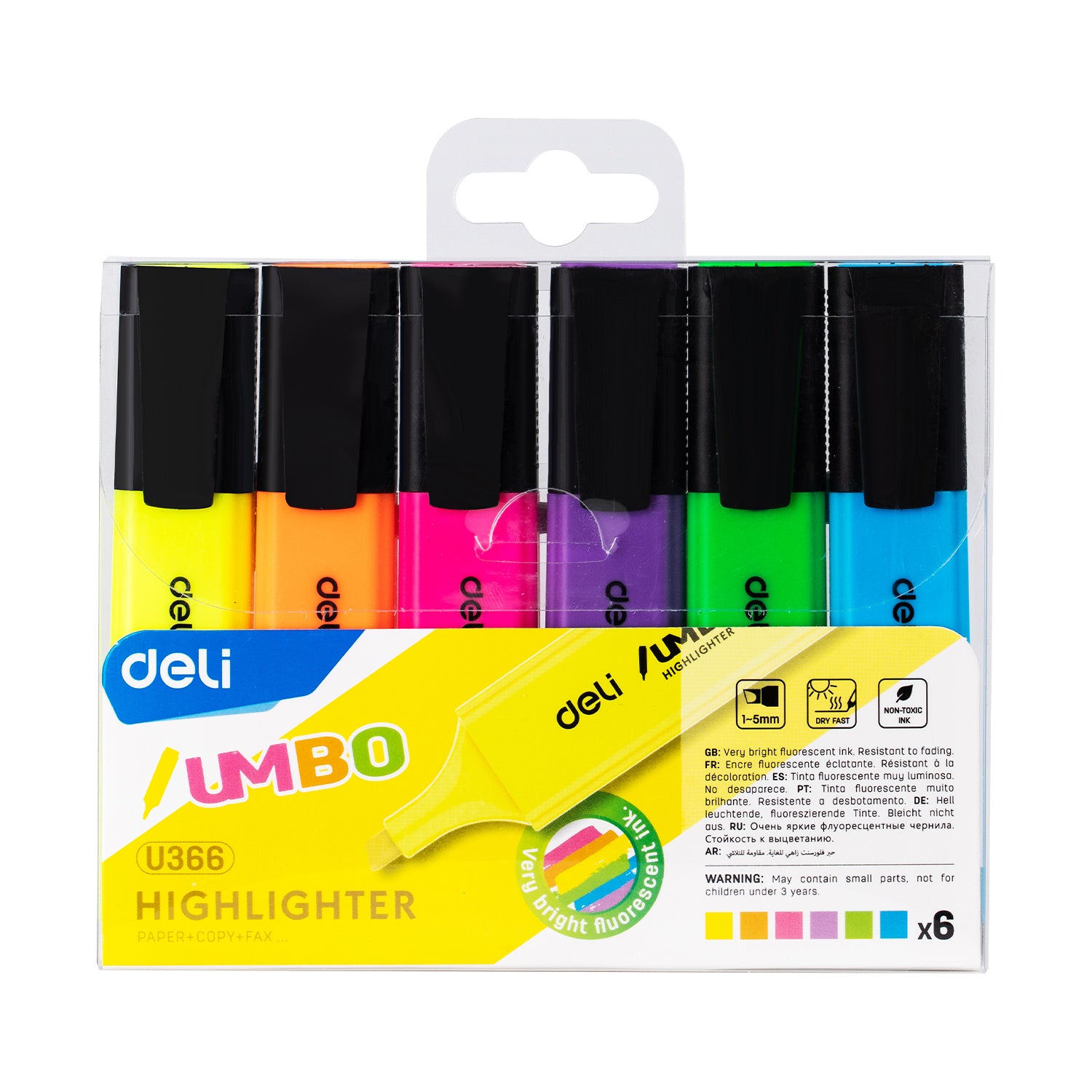 Details: Packaging of six Deli Highlighters Pastel Markers in assorted colors (black, blue, green, yellow, orange, pink), neatly organized in a plastic case.
