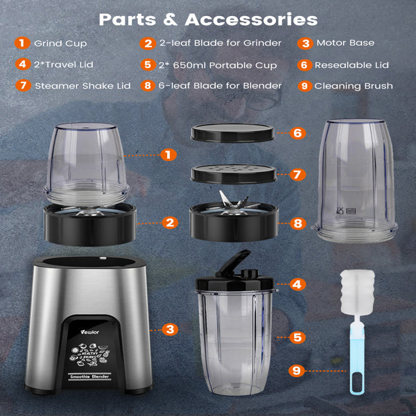 A VEWIOR 1000W Smoothie Blender for Shakes and Smoothies with fresh berries and fruit in it.
