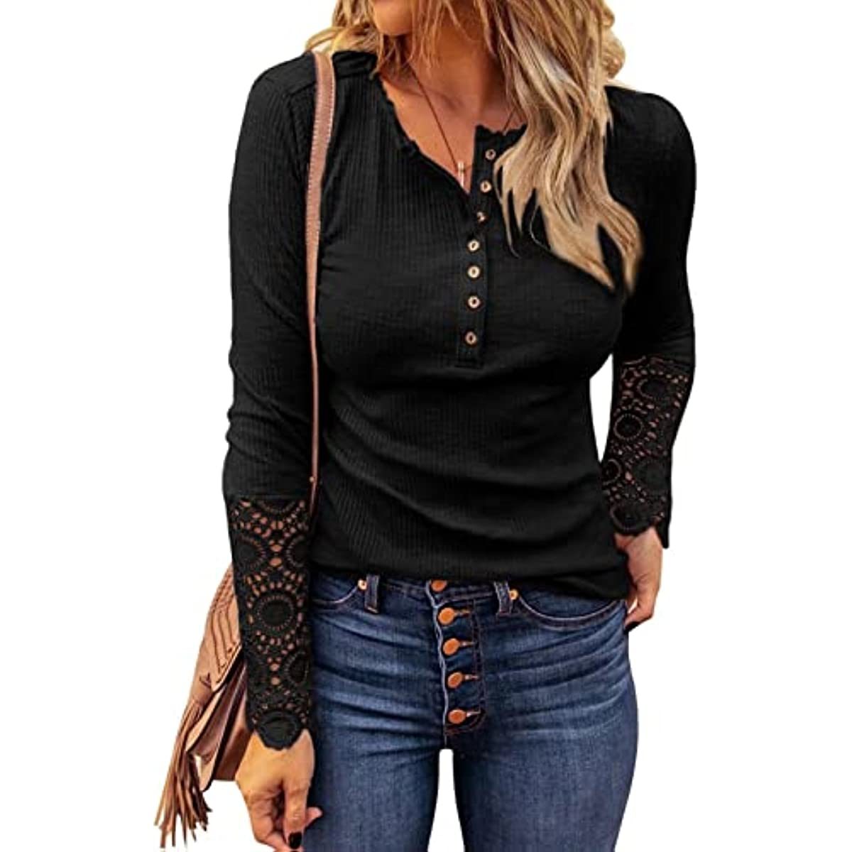 A person is wearing the Womens Ribbed Knit Henley Long Sleeves Tunic Lace Top with a V neck and button detail, paired with blue jeans—perfect for 2022 Fashion Fall Clothes. The person is carrying a brown bag with a tassel strap over their shoulder, embodying the VICHYIE Womens Fashion vibe.