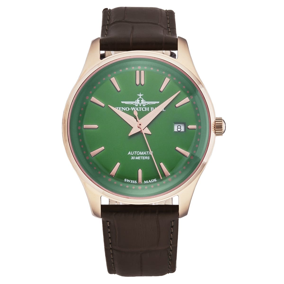 The Zeno men's 'Jules Classic' Limited Edition Green Dial Brown Leather Strap Automatic Watch 4942-2824-PGRG8 features a green dial complemented by a brown leather strap.