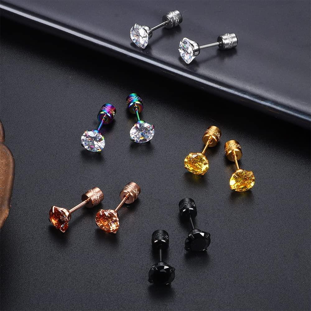 Assorted 5 Pairs Stud Earrings Set For Women Men in various colors and metal finishes, including silver, gold, rose gold, and black, each featuring a single cubic zirconia.