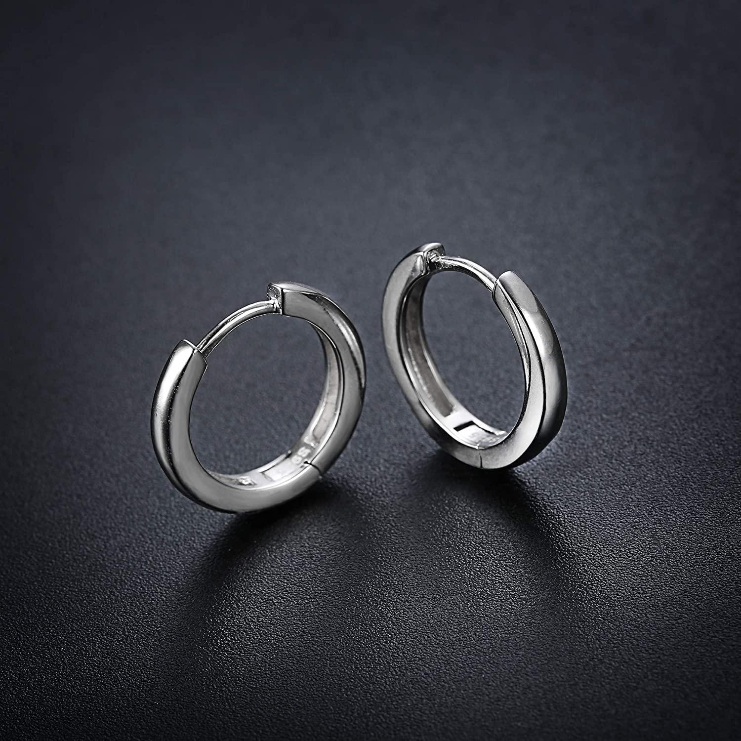 A pair of 925 Sterling Silver Hoop Earrings for Women Men Ear Cuff Small Huggie Earrings Cartilage Piercing Earrings 13mm with a minimalist design, each featuring a small diamond accent at the top.