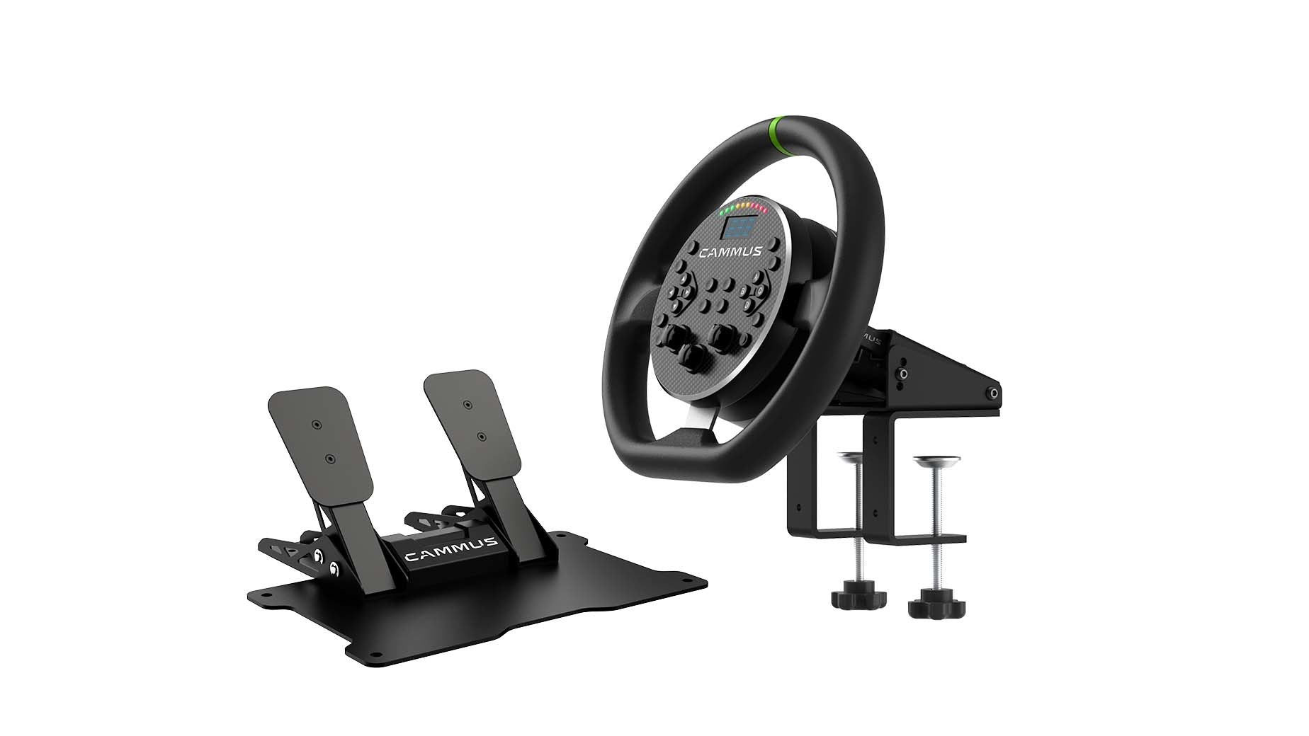 The CAMMUS C5 3IN1 Bundle With Table Clamp And Pedals Racing Wheel Direct Drive Base For PC Games is a 3IN1 Bundle that includes a controller and pedals, perfect for immersive racing experiences.