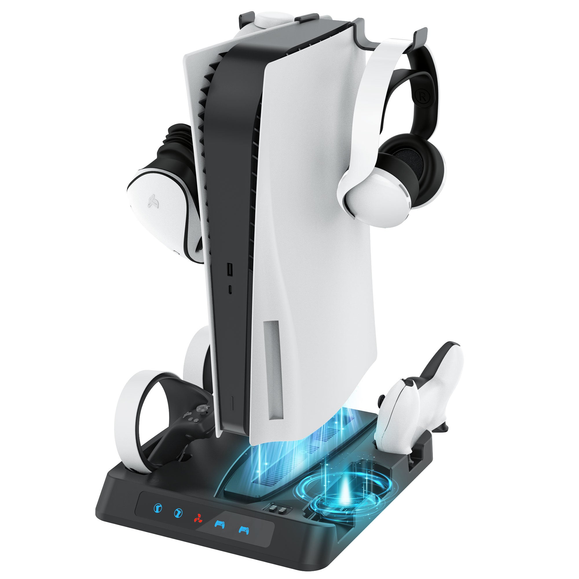 A gaming console with an Efficient Cooling System and Advanced Safety Features, along with an Upgraded PSVR2 Controller Charging Dock,PS5 Controller Charger, Cooling Station with 3-Level Speeds Silent Fan,VR and PS5 Stand Horizontal Display Your PSVR2 and PS5 Accessories located on top of it.