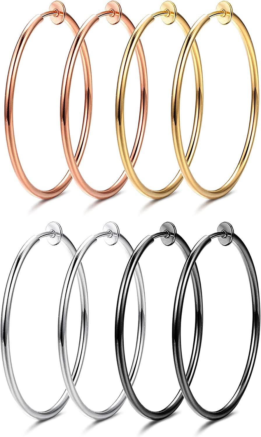 Sentence with replaced product name: 4 Pairs Stainless Fake Hoop Earrings for Woman Men Big Clip On Hoop Earrings Set Non-Pierced Ear, available in gold, rose gold, silver, and black, displayed in pairs, isolated on a white background.