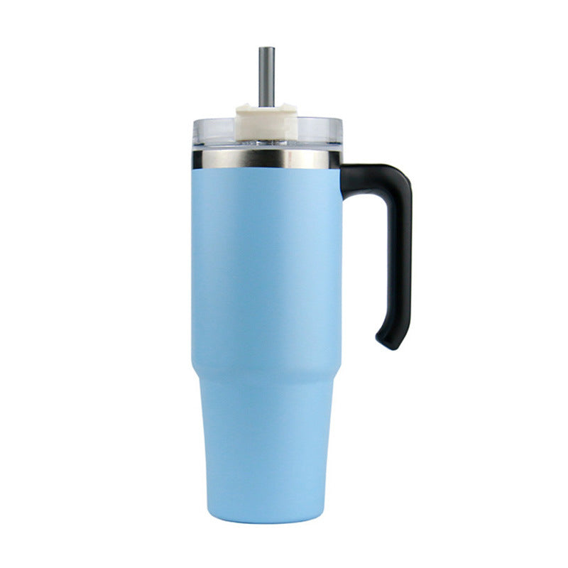 A black insulated 30oz travel car thermo mug with a stainless steel rim and handle, featuring a lid and a straw.