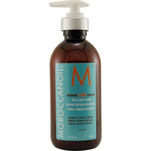 Bottle of MOROCCANOIL by Moroccanoil INTENSE CURL CREAM FOR CURLY HAIR 10.2 OZ with a pump dispenser.