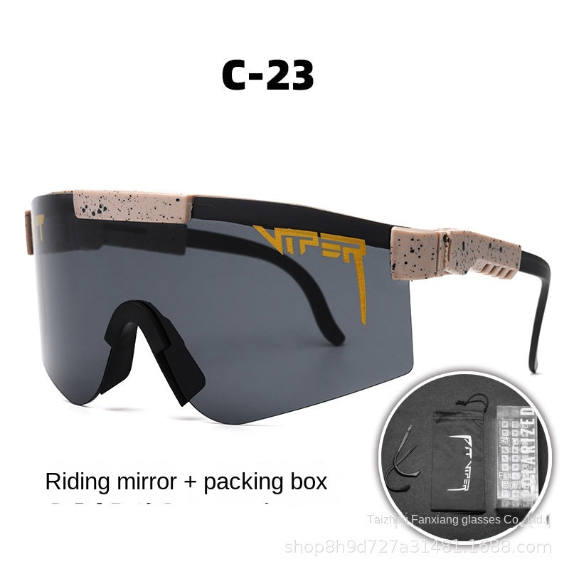 A pair of Pits Viper Riding Glasses Outdoor Sports Sunglasses for men, featuring "VIPER" branding on the lens and frame, with a red and white pattern on the arms. Designed for outdoor sports, they offer UV400 protection and come labeled "C-21," including a riding mirror and packing box.