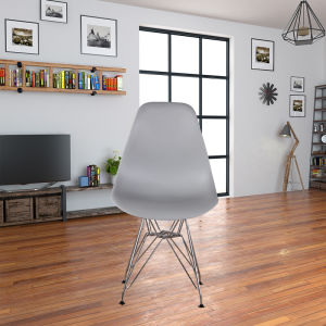 The Set of 4 Modern Style Dining Chairs are mid-century modern side chairs with a black plastic shell lounge design, wooden walnut legs, and metal supports, perfect for your kitchen, dining room, bedroom, or living room.