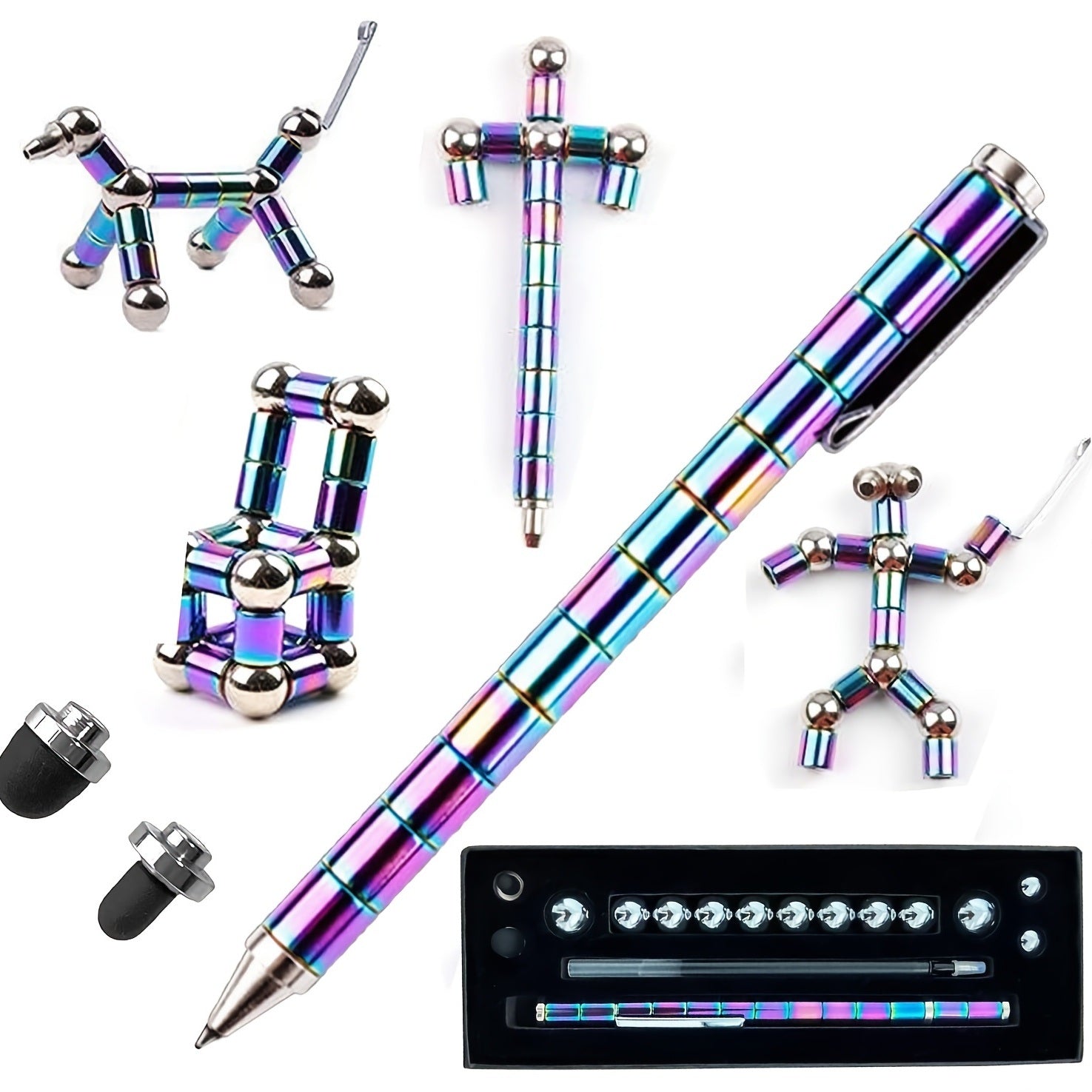 Colorful magnet rods and metal spheres set displayed in various configurations, alongside a Fidget Pen and a storage box.