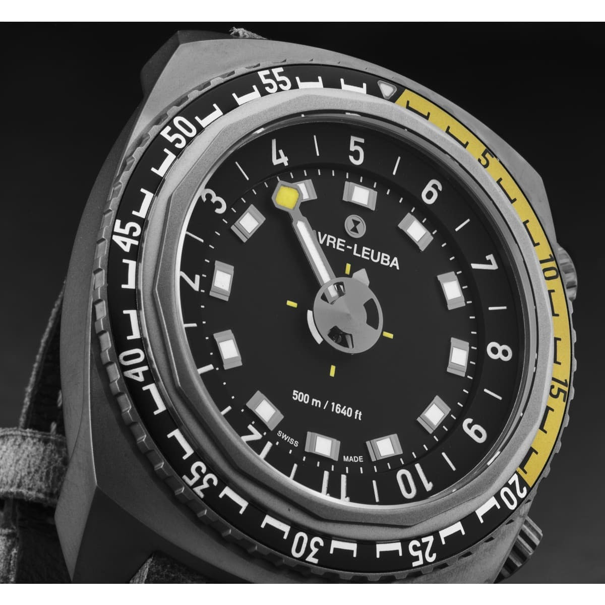 A black and yellow FavreLeuba Men's 00.10121.10.14.45 'Raider Harpoon' automatic watch on a white background.