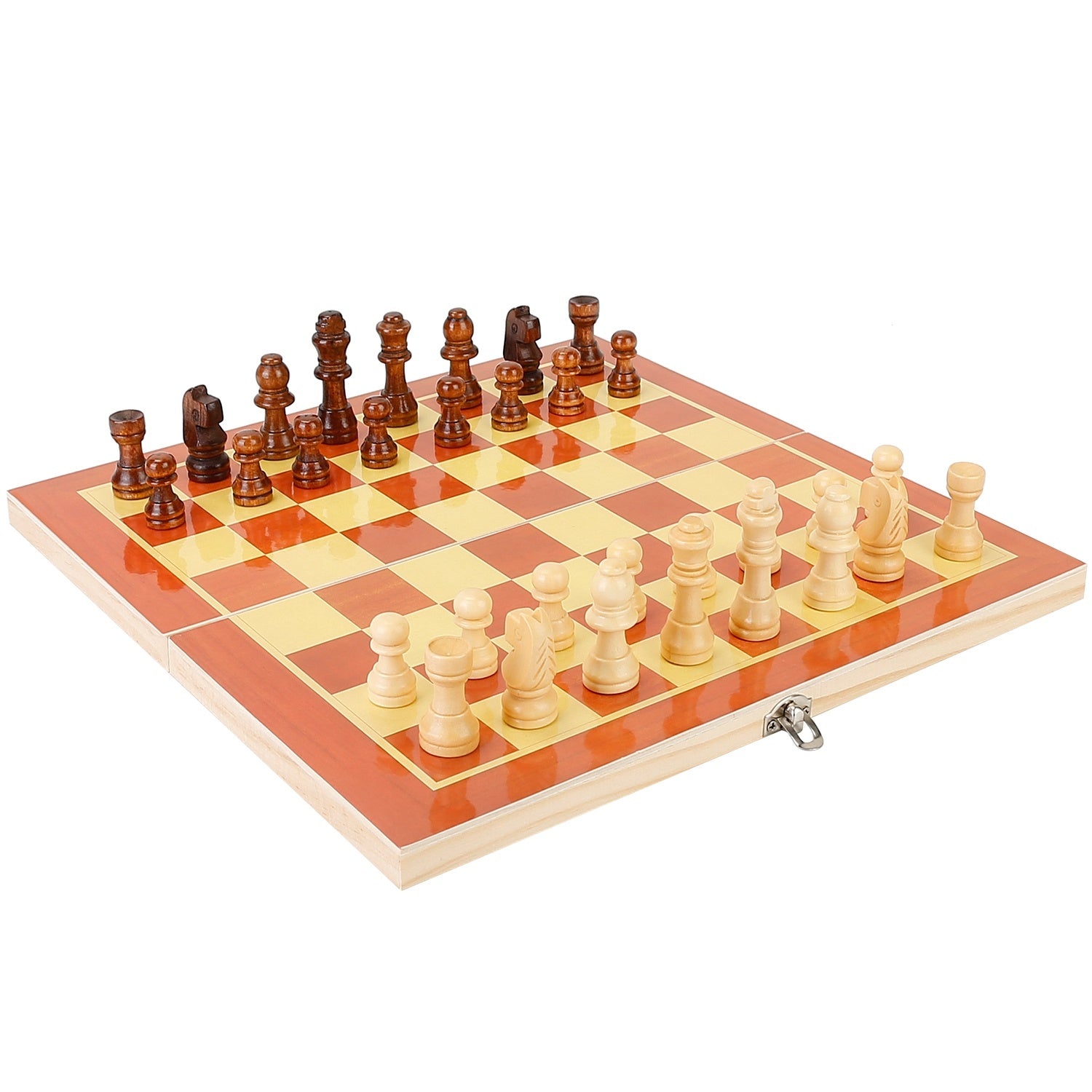 A Folding Board Game Set Portable Travel Wooden Chess Set with Wooden Crafted Pieces Chessmen Storage Box on a white background.