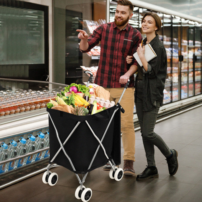 A Folding Shopping Utility Cart with Water-Resistant Removable Canvas Bag with a basket full of grocery.