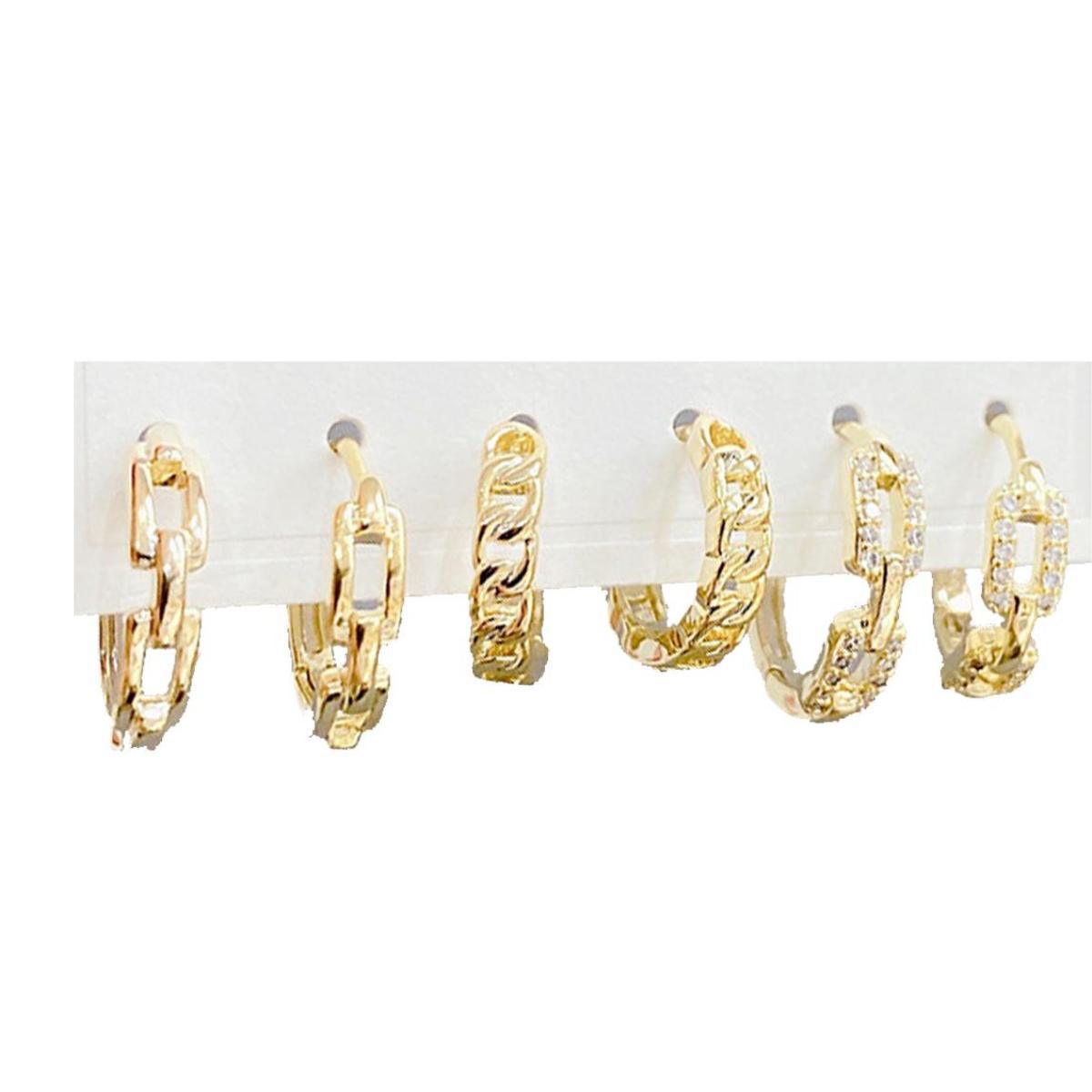 A row of 3 Pairs Platinum Plated Hoop Earrings Set for Women Minimalist Gold Design Hoop Earrings 3 Styles Suitable for Men as Gifts displayed against a white background.