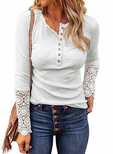 A person is wearing the Womens Ribbed Knit Henley Long Sleeves Tunic Lace Top with a V neck and button detail, paired with blue jeans—perfect for 2022 Fashion Fall Clothes. The person is carrying a brown bag with a tassel strap over their shoulder, embodying the VICHYIE Womens Fashion vibe.