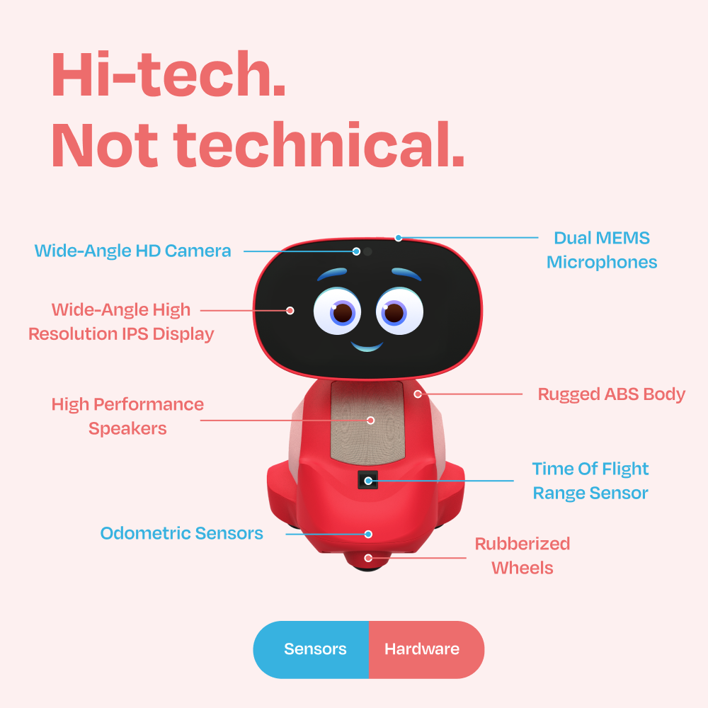 A cartoon-style, smiling Miko 3: AI-Powered Smart Robot for Kids with large blue eyes and a rounded screen for a face.