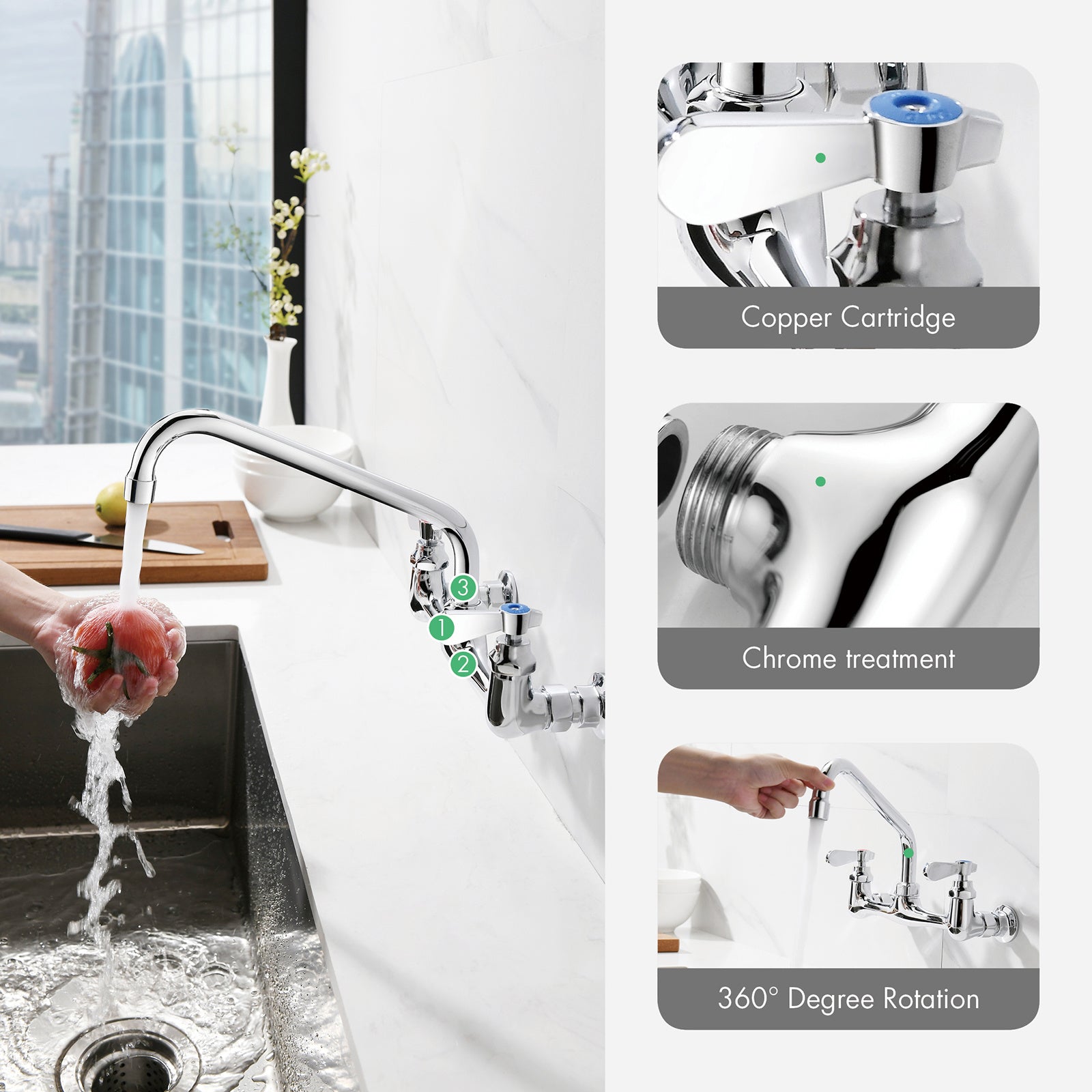 A APPASO Wall Mount Commercial Sink Faucet with 10" Swivel Spout, 8-in Center Kitchen Compartments Sink Faucet 2-Handle for Restaurant Home Backsplash Mount On 2 or 3 Bay Prep & Utility Compartment Sink with two handles on a white background.