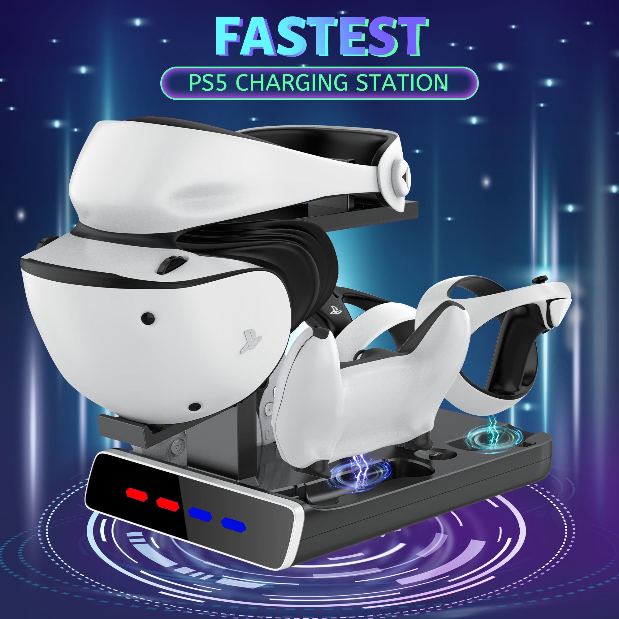 A PSVR2 Controller Charging Dock with LED Light, VR Stand Display is sitting on top of a white Fast Charging Dock.