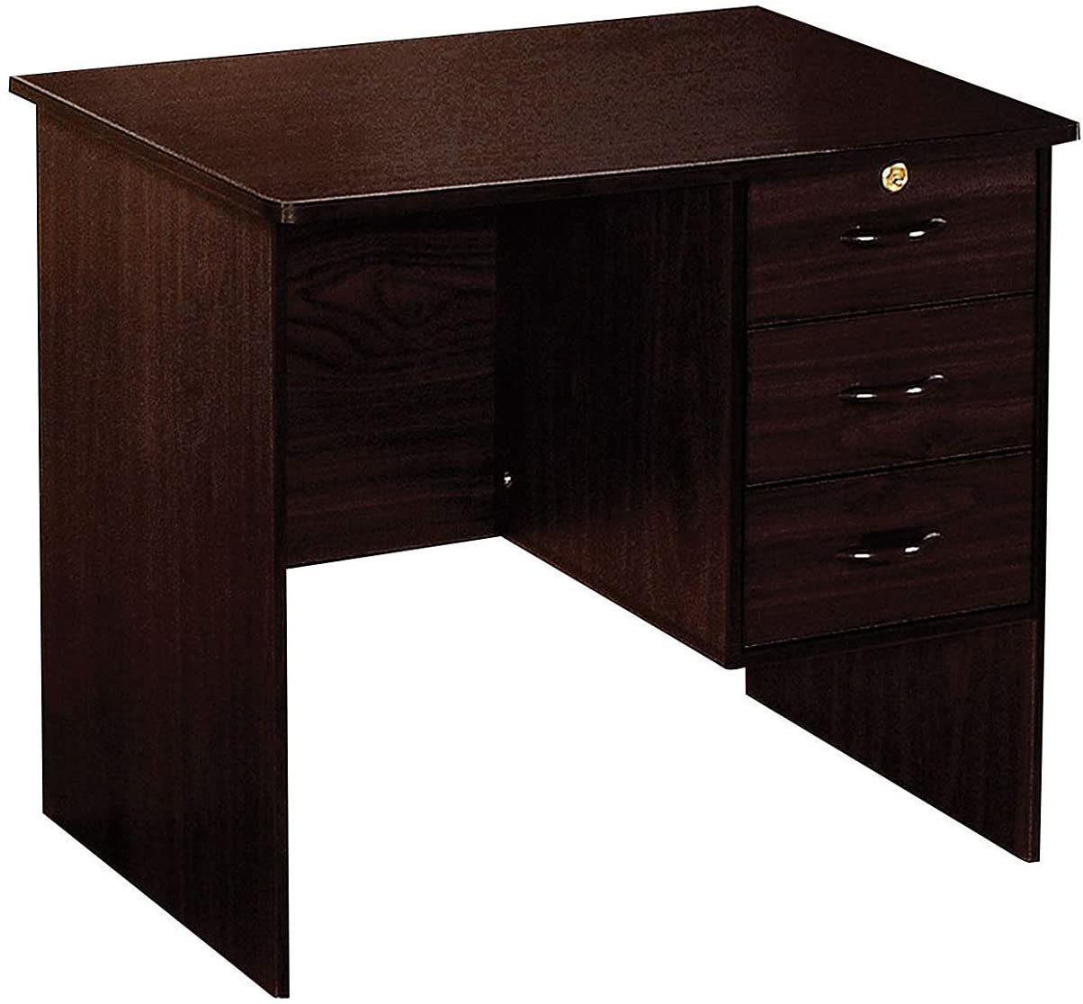 A dark brown wooden Hamm Desk in Espresso YJ, featuring three drawers on the right side and a cabinet on the left with a smooth, flat top surface.