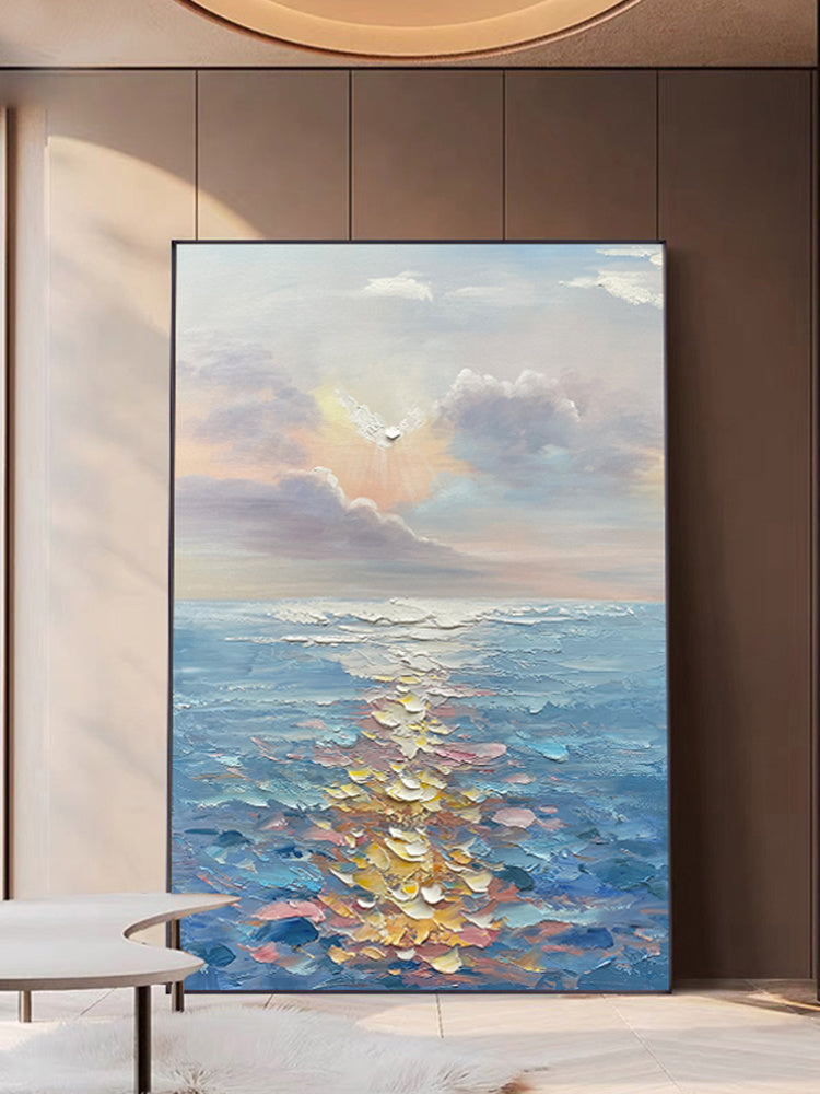 A modern abstract wall art canvas painting of a vibrant underwater scene with colorful fish, displayed on a wall in a modern living room.
