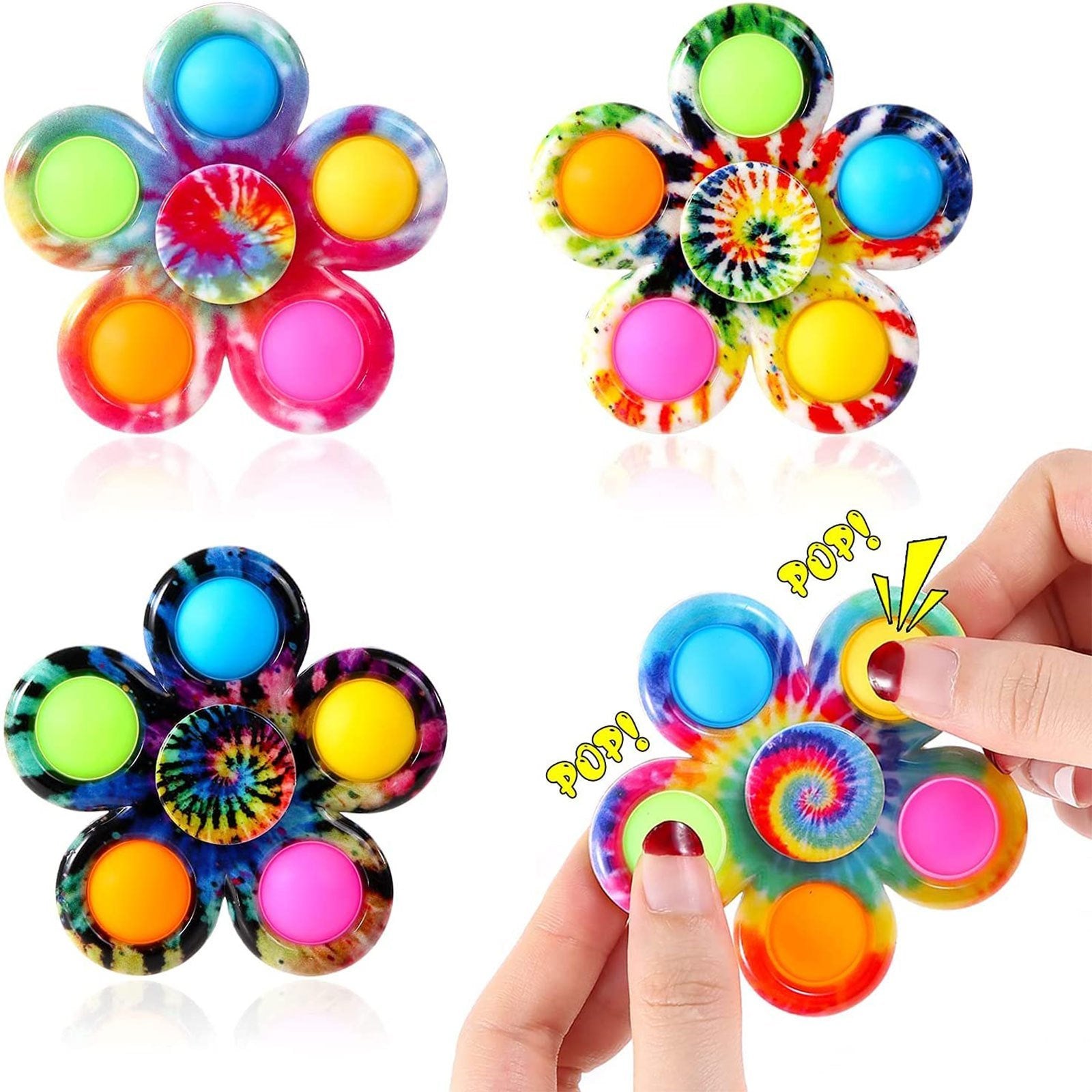 Set of vibrant Floral Bubble Push Pop Fidget Spinning Toys in multiple designs, with a hand pressing one bubble on a spinner.