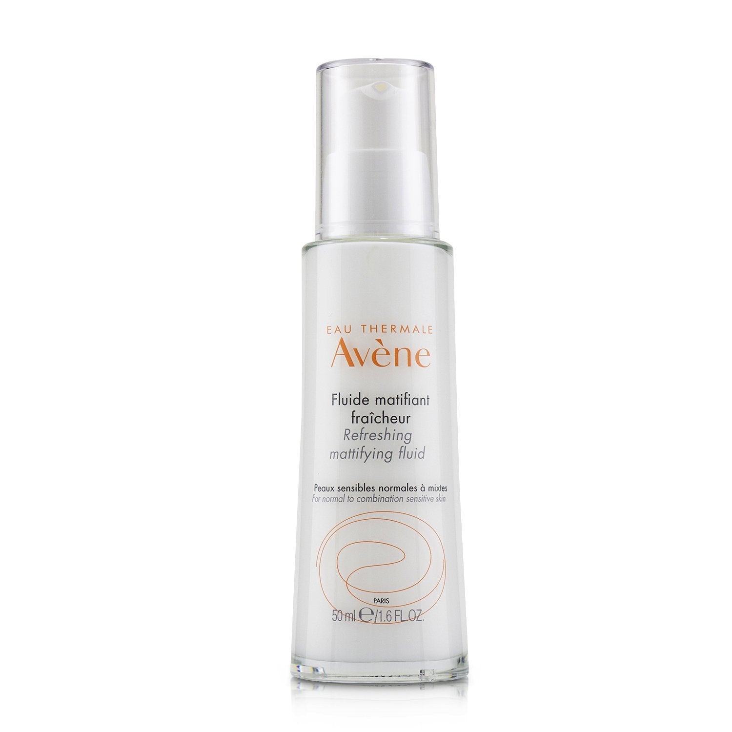 Bottle of AVENE - Refreshing Mattifying Fluid - For Normal to Combination Sensitive Skin 20938 50ml/1.6oz on a white background.