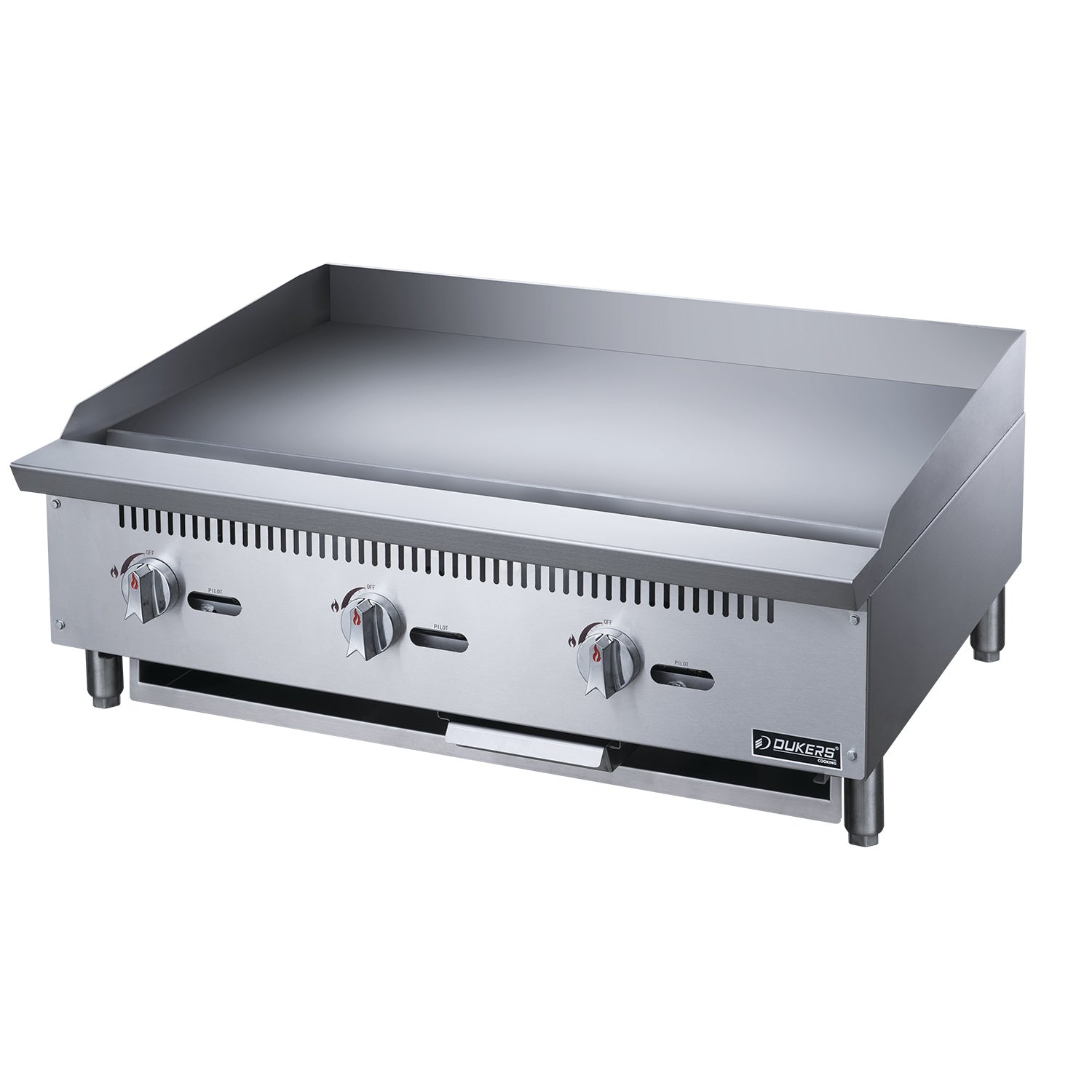 36" Griddler (24" Depth) 3-Burner Commercial Griddle in Stainless Steel with 4 legs, isolated on a white background.