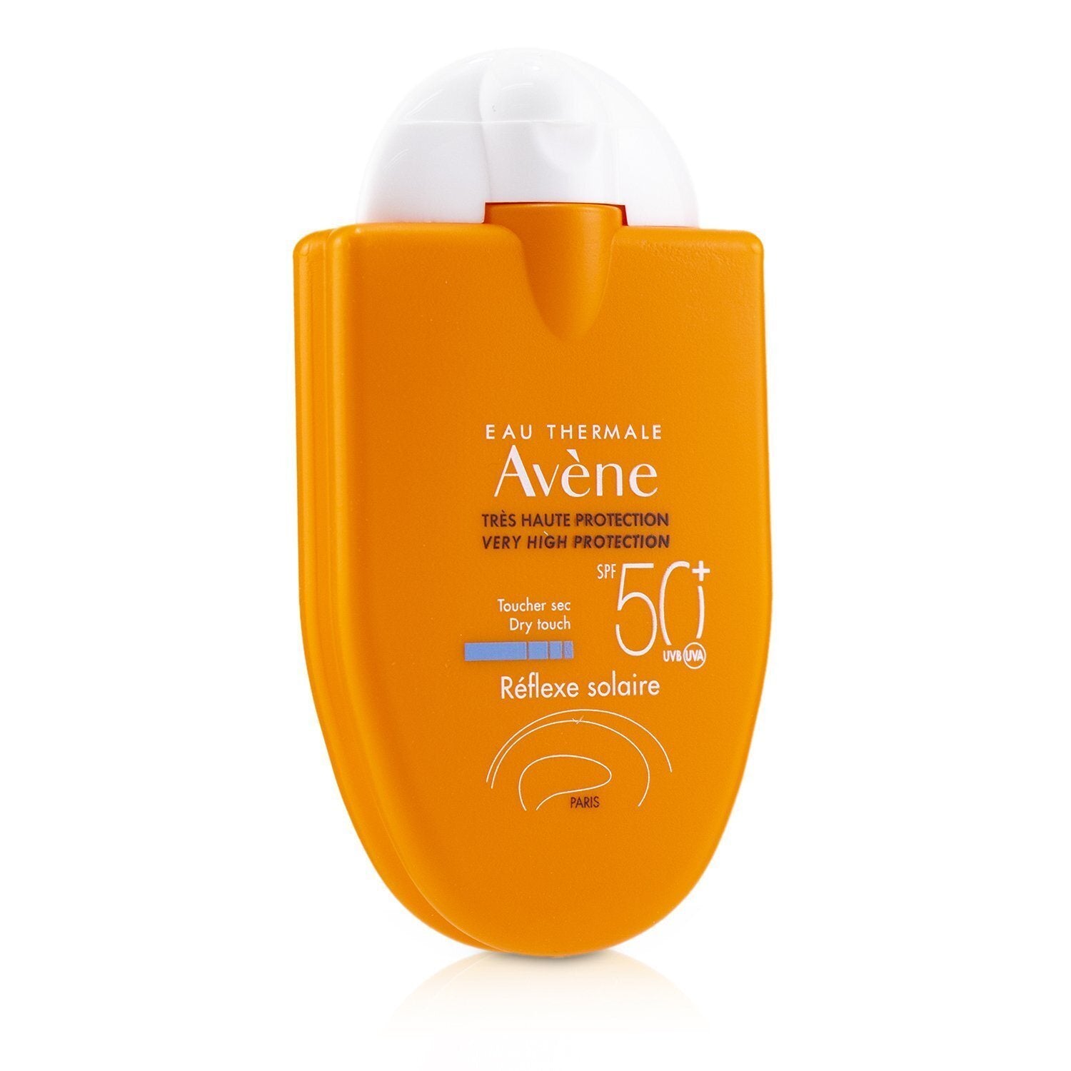A bottle of AVENE - Reflexe Solaire SPF 50 For Sensitive Skin (Exp. Date: 06/2023) 30ml/1oz sunscreen, with a white cap and orange body, isolated on a white background.