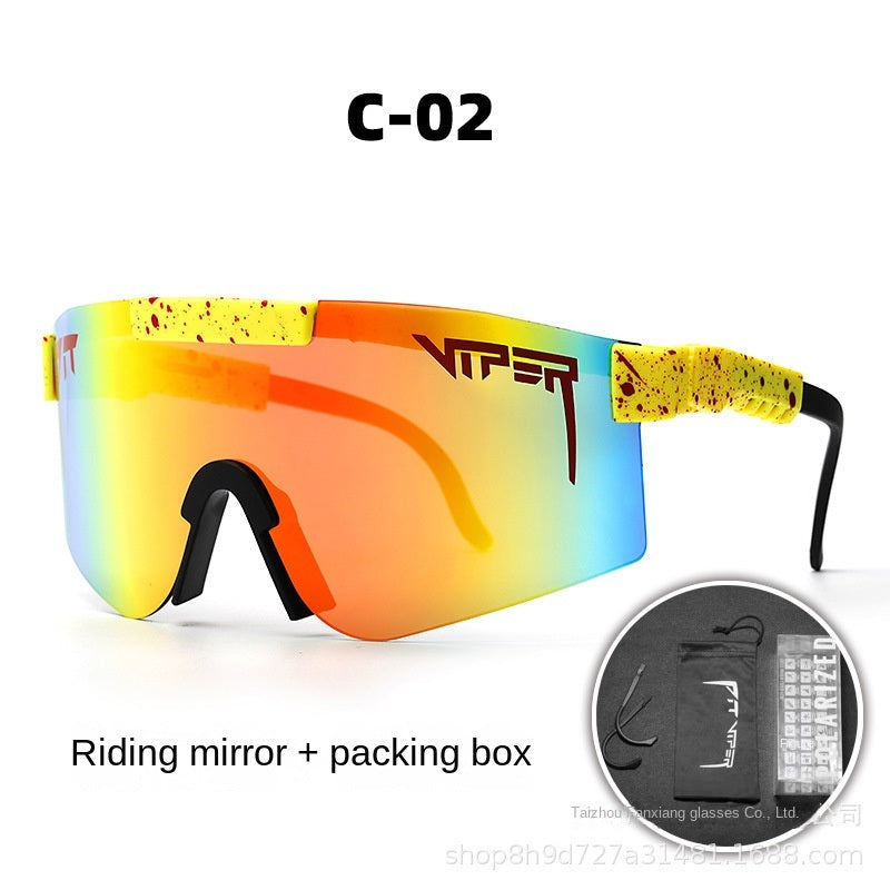A pair of Pits Viper Riding Glasses Outdoor Sports Sunglasses for men, featuring "VIPER" branding on the lens and frame, with a red and white pattern on the arms. Designed for outdoor sports, they offer UV400 protection and come labeled "C-21," including a riding mirror and packing box.