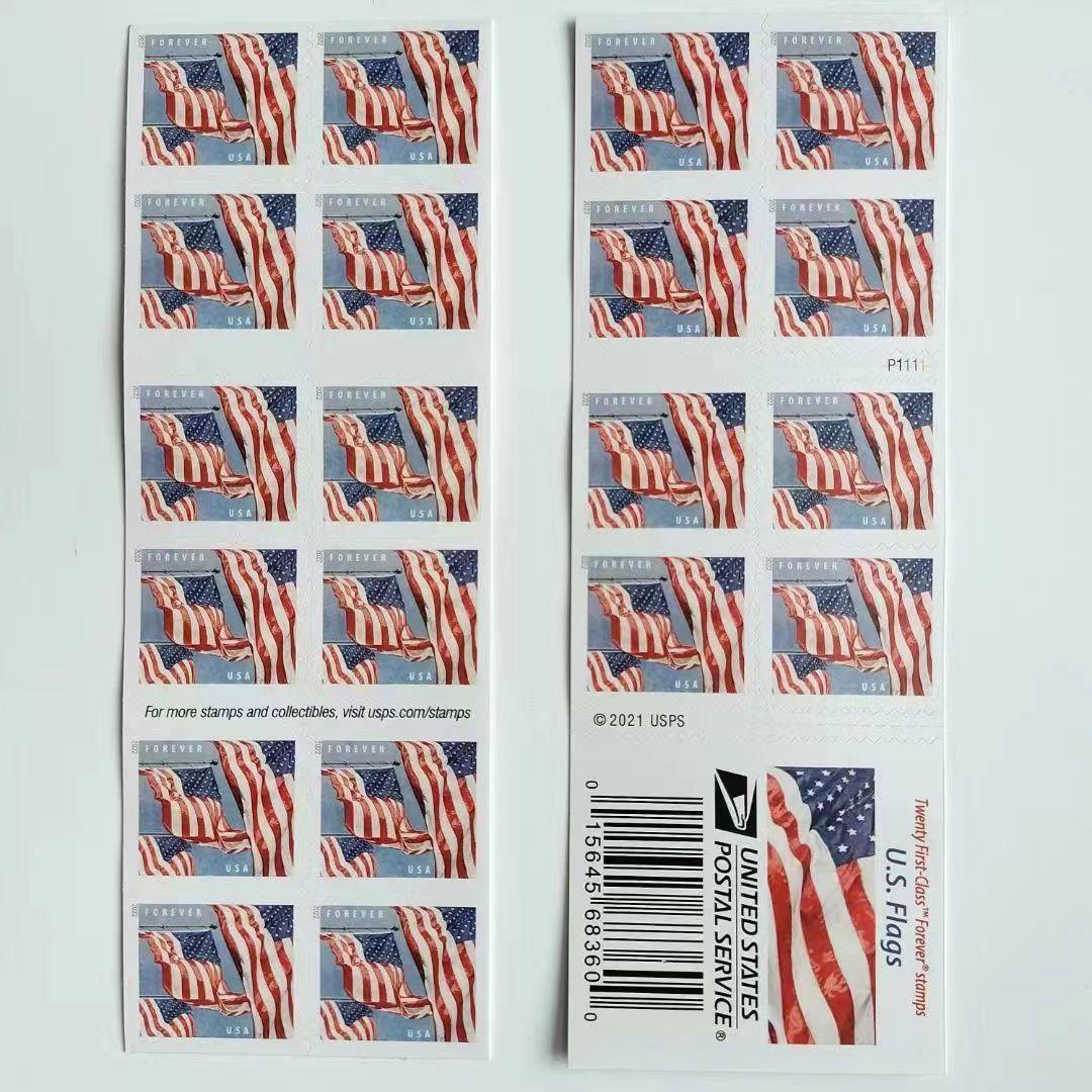Sheet of Flag 2022 - 5 Booklets / 100 Pcs postage stamps from a booklet with the label "© 2022 USPS," and a single cutout stamp showing the price as "forever USA.