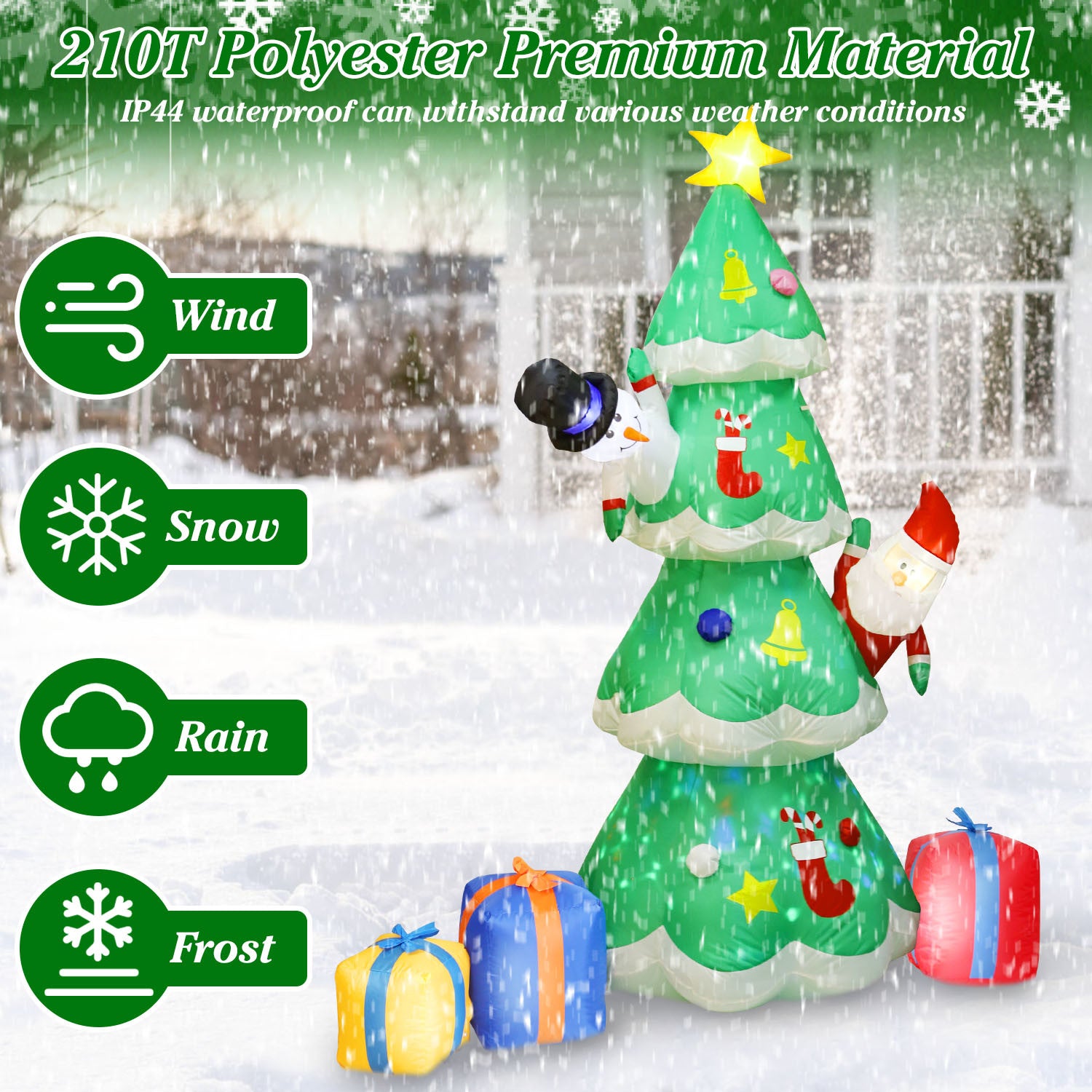 Inflatable 6.89FT Christmas Inflatable Outdoor Decoration with Christmas Tree Gift Box Santa Claus Blow Up Yard Decoration with LED Light Built-in Air Blower for Winter Holiday Xmas Garden decorated with Santa Claus.