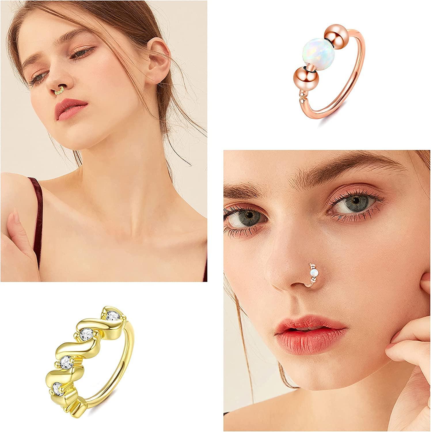 A variety of 9Pcs 20G Stainless Steel Nose Ring Hoop for Women Men in silver, gold, and rose gold tones, each decorated with different elements like pearls, crystals, floral motifs, and cartilage hoop rings.