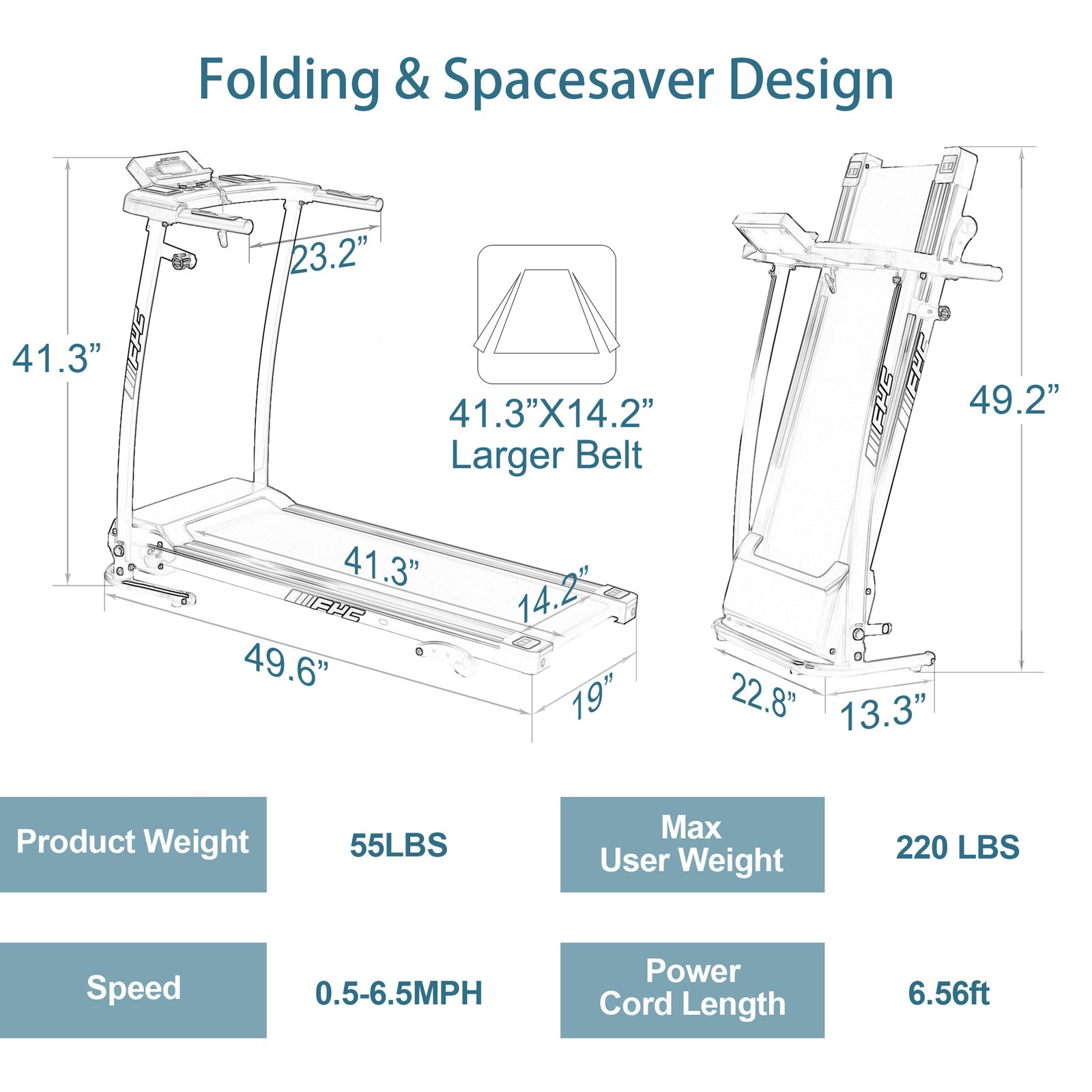 A woman standing next to a Folding Treadmill for Home Portable Electric Motorized Treadmill Running Exercise Machine Compact Treadmill for Home Gym Fitness Workout Jogging Walking.