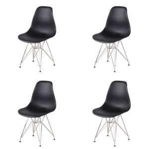 The Set of 4 Modern Style Dining Chairs are mid-century modern side chairs with a black plastic shell lounge design, wooden walnut legs, and metal supports, perfect for your kitchen, dining room, bedroom, or living room.
